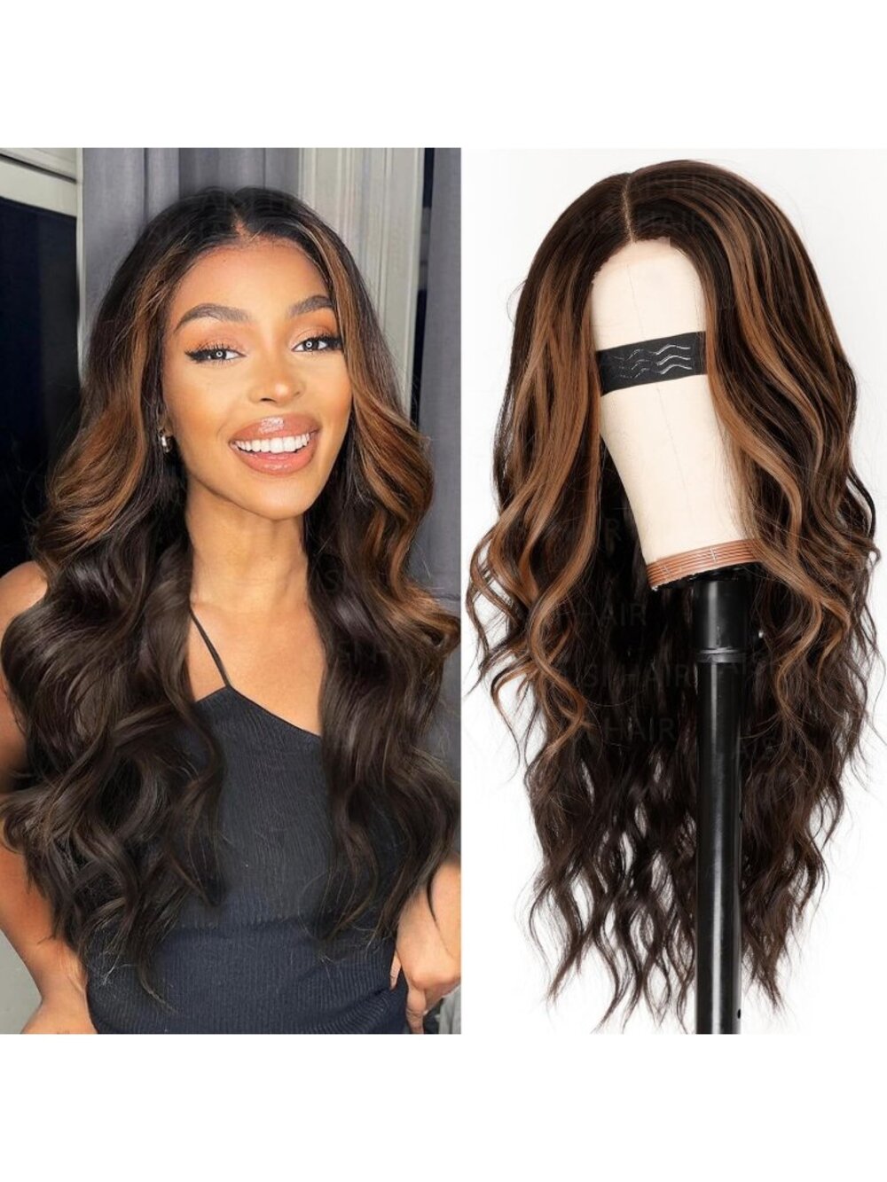 Women's Dark Brown 1 Lace Hairline 26 Inch Synthetic Heat Resistant Wavy Wigs